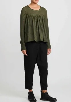 Rundholz Dip Cotton Gathered Long Sleeve T-Shirt In Olive Cloud Green