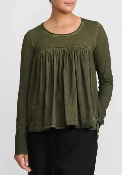 Rundholz Dip Cotton Gathered Long Sleeve T-Shirt In Olive Cloud Green