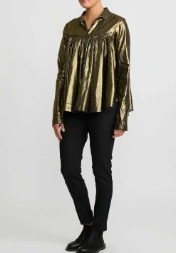 Rundholz Dip Cotton Gathered Metallic Shirt In Gold & Black
