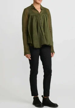 Rundholz Dip Cotton Gathered Shirt In Olive Green