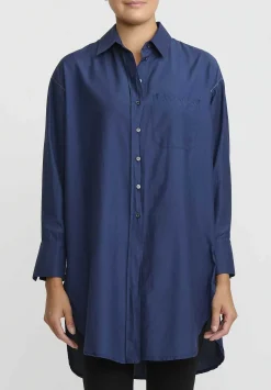 Umit Unal Cotton Long Asymmetric Side-Slit Shirt In Indigo Blue