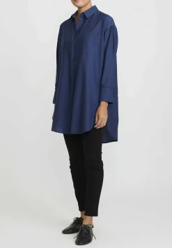 Umit Unal Cotton Long Asymmetric Side-Slit Shirt In Indigo Blue