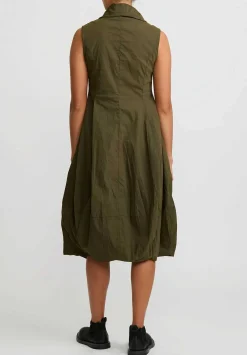 Rundholz Dip Cotton Ruched Neck, Button Front Tulip Dress In Khaki Green