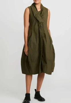 Rundholz Dip Cotton Ruched Neck, Button Front Tulip Dress In Khaki Green