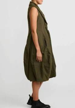 Rundholz Dip Cotton Ruched Neck, Button Front Tulip Dress In Khaki Green
