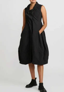 Rundholz Dip Cotton Ruched Neck, Button Front Tulip Dress In Black