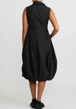 Rundholz Dip Cotton Ruched Neck, Button Front Tulip Dress In Black
