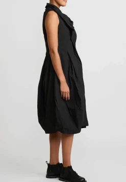 Rundholz Dip Cotton Ruched Neck, Button Front Tulip Dress In Black