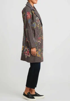 Péro Floral Embroidered Wool Double Breasted Coat In Brown Check