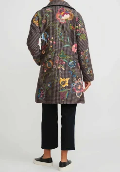 Péro Floral Embroidered Wool Double Breasted Coat In Brown Check