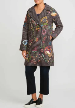 Péro Floral Embroidered Wool Double Breasted Coat In Brown Check