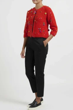 Péro Flower And Fruit Embellished Hand Knit Wool Cardigan In Red Orange