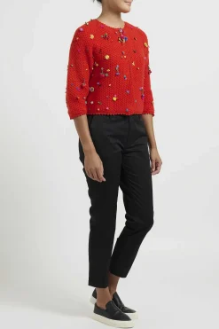 Péro Flower And Fruit Embellished Hand Knit Wool Cardigan In Red Orange