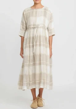 A Tentative Atelier Gathered Check Dress In Natural Plaid