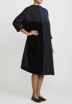 AODress Habutai Silk And Velvet Patchwork Dress In Navy Blue & Black