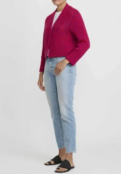 Wommelsdorff Hand Knit Cashmere Cropped Suki Cardigan In Tomato Red & Fuchsia