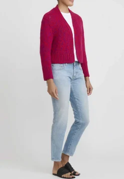 Wommelsdorff Hand Knit Cashmere Cropped Suki Cardigan In Tomato Red & Fuchsia