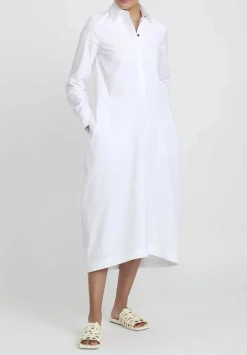 Jil Sander Heavy Organic Cotton Poplin A-Line Midi Dress In Optic White