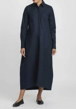 Jil Sander Heavy Organic Cotton Poplin A-Line Midi Dress In Navy Blue