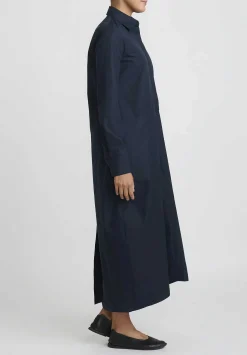 Jil Sander Heavy Organic Cotton Poplin A-Line Midi Dress In Navy Blue
