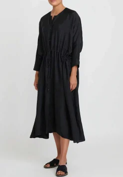 Kaval Khadi Silk Front Button Open Dress In Black