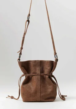 Corîu Laminato Leather Small Bucket Crossbody Bag In Raw Black & Brown