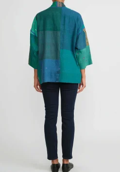 Mieko Mintz 2-Layer Cotton & Silk Mini Kimono Jacket In Turquoise, Green & Gold