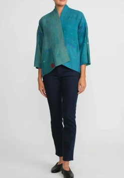 Mieko Mintz 2-Layer Cotton & Silk Mini Kimono Jacket In Turquoise, Green & Gold