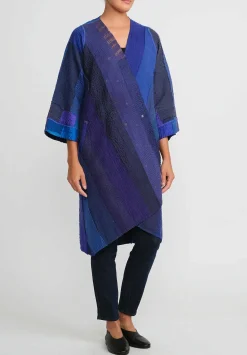Mieko Mintz 4-Layer Vintage Cotton & Silk Wrap Flare Coat In Stripe & Chech Blue