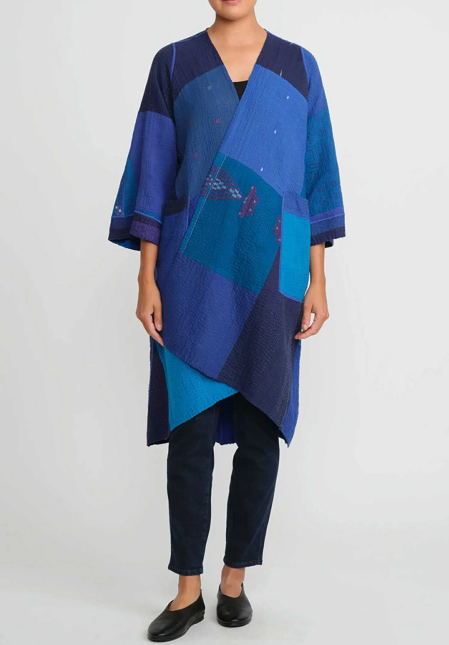 Mieko Mintz 4-Layer Vintage Cotton & Silk Wrap Flare Coat In Stripe & Chech Blue