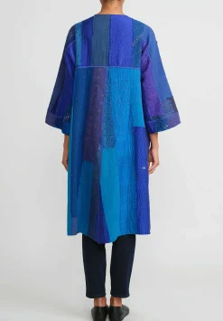 Mieko Mintz 4-Layer Vintage Cotton & Silk Wrap Flare Coat In Stripe & Chech Blue