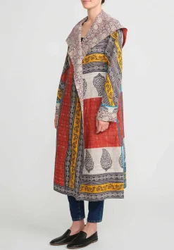 Mieko Mintz 2-Layer Vintage Cotton Hooded A-Line Coat In Red, Cream & Yellow