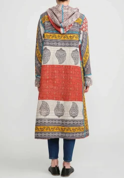 Mieko Mintz 2-Layer Vintage Cotton Hooded A-Line Coat In Red, Cream & Yellow