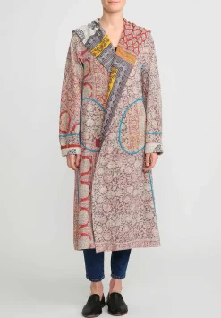 Mieko Mintz 2-Layer Vintage Cotton Hooded A-Line Coat In Red, Cream & Yellow