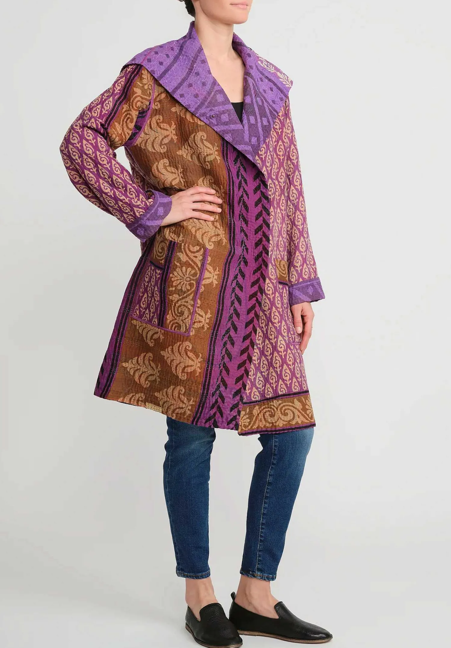 Mieko Mintz 4-Layer Vintage Cotton Medium Pocket Coat In Purple, Brown & Black