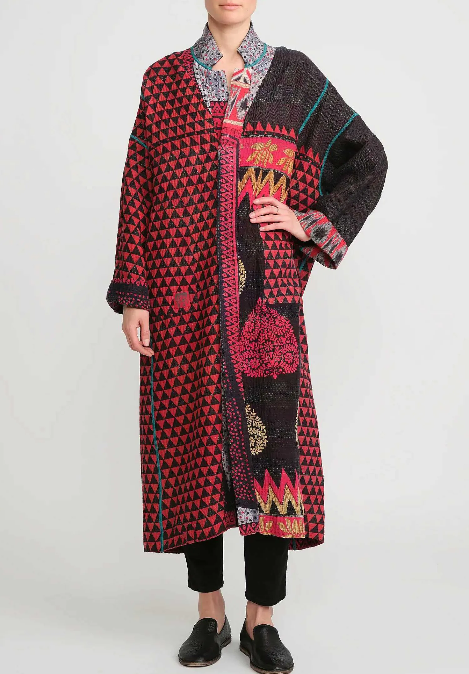Mieko Mintz 4-Layer Vintage Cotton Oversized Coat In Red, Black And Grey