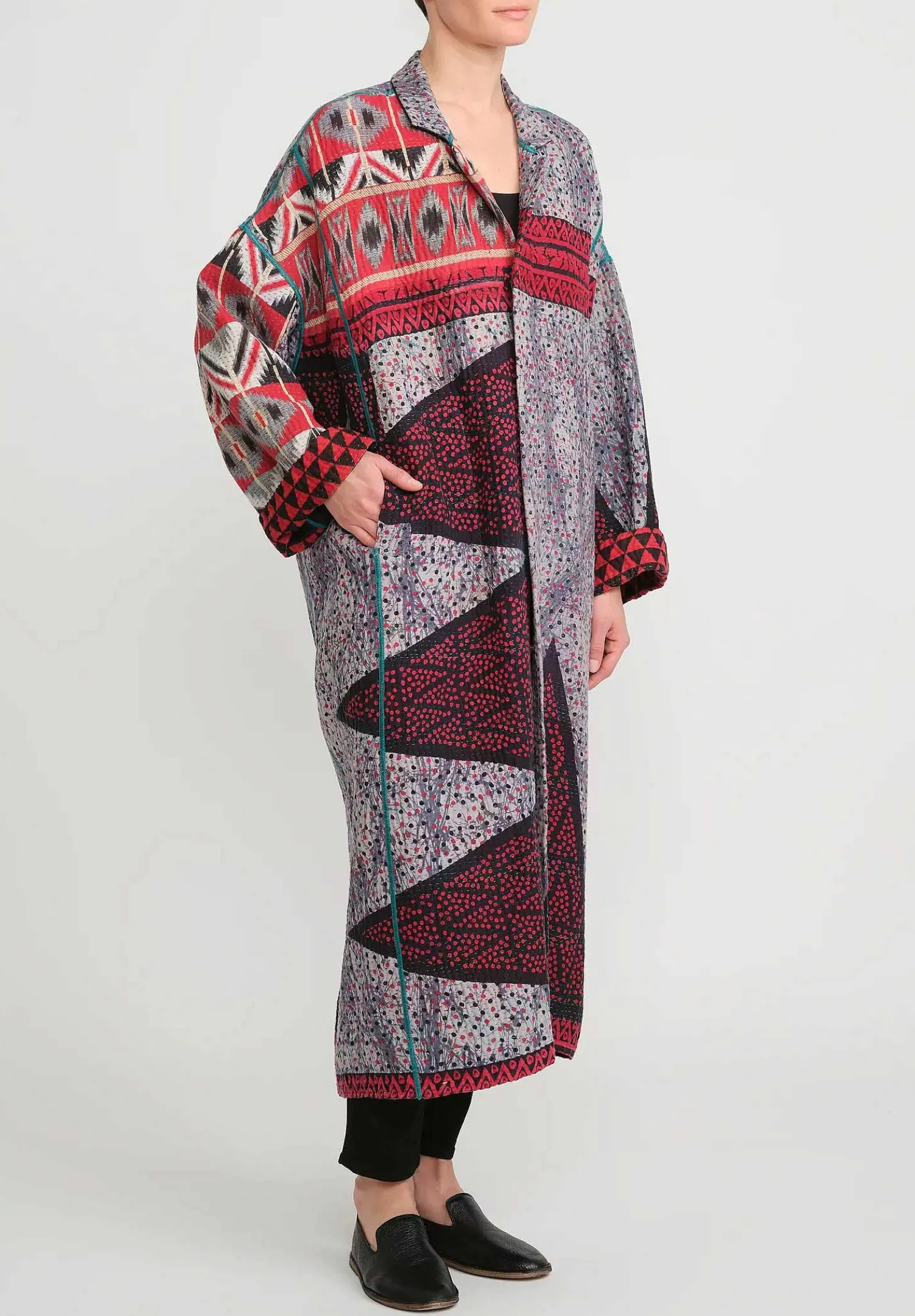 Mieko Mintz 4-Layer Vintage Cotton Oversized Coat In Red, Black And Grey