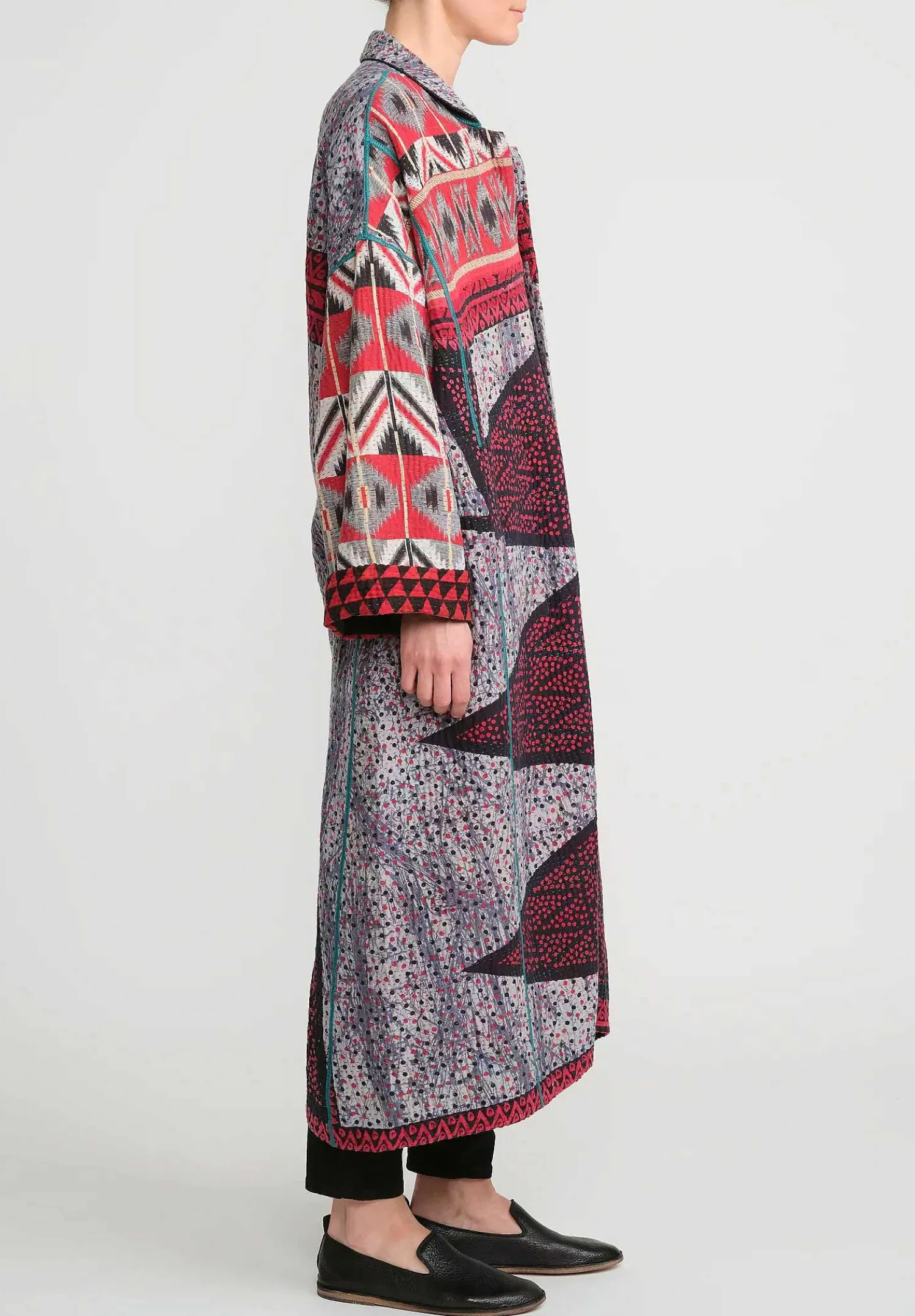 Mieko Mintz 4-Layer Vintage Cotton Oversized Coat In Red, Black And Grey
