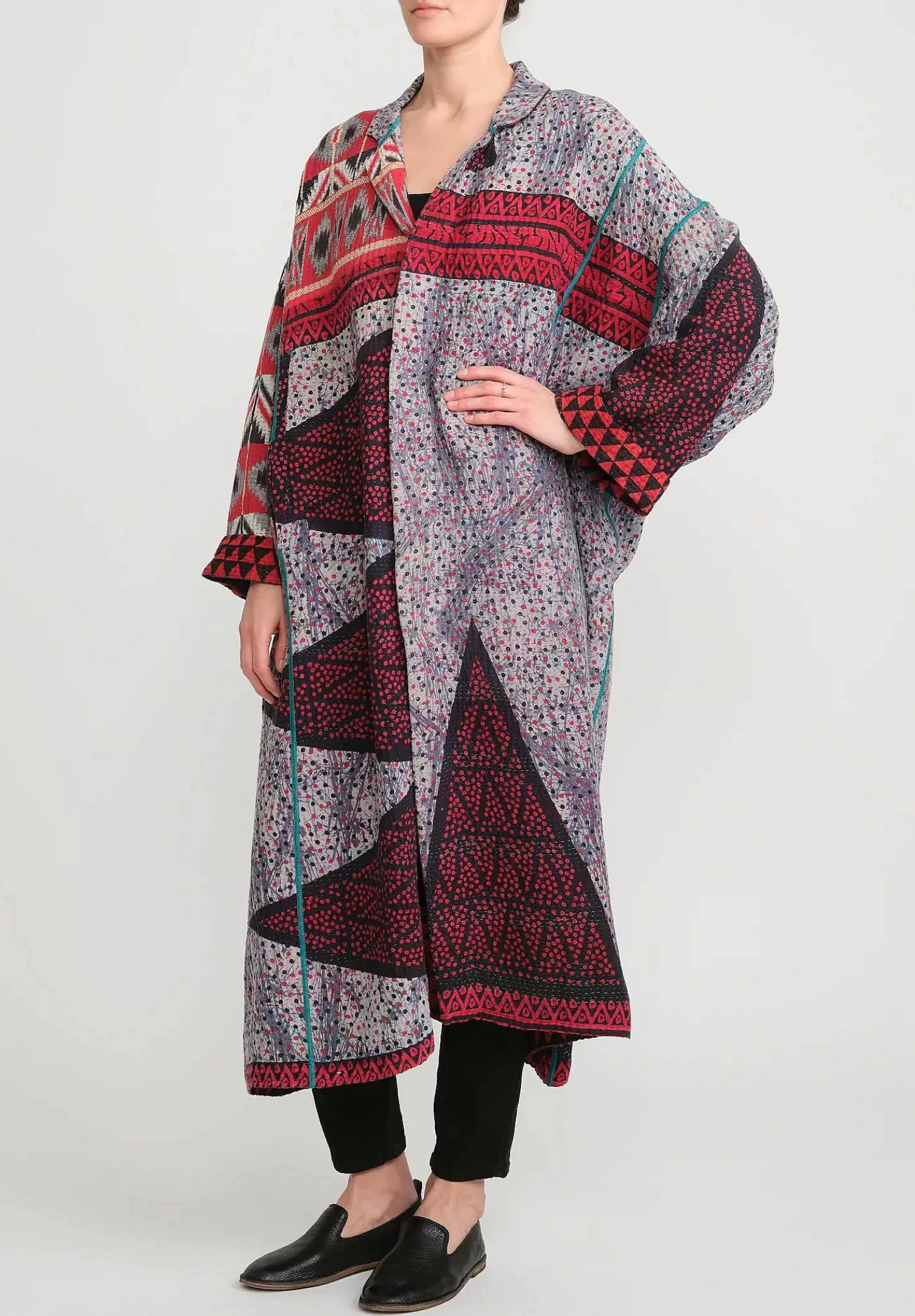 Mieko Mintz 4-Layer Vintage Cotton Oversized Coat In Red, Black And Grey