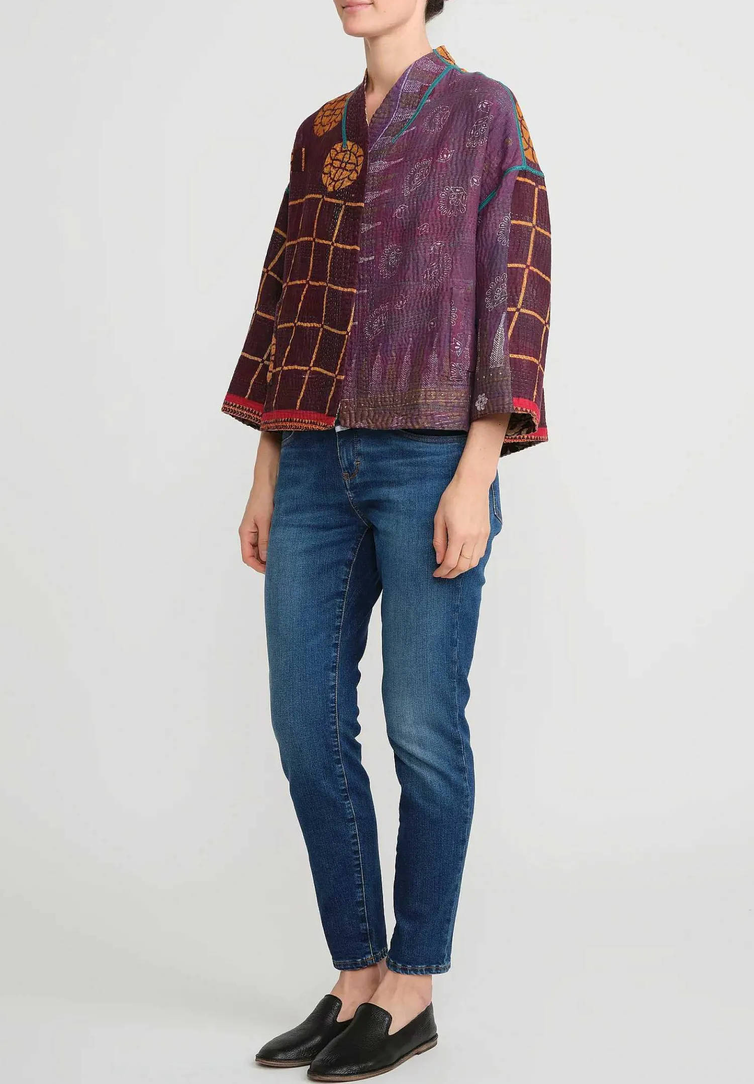 Mieko Mintz 4-Layer Vintage Cotton Stand Collar Cropped Jacket In Purple, Gold & Cream