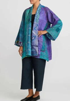 Mieko Mintz 2-Layer Vintage Silk A-Line Jacket In Purple, Turquoise Blue & Gold