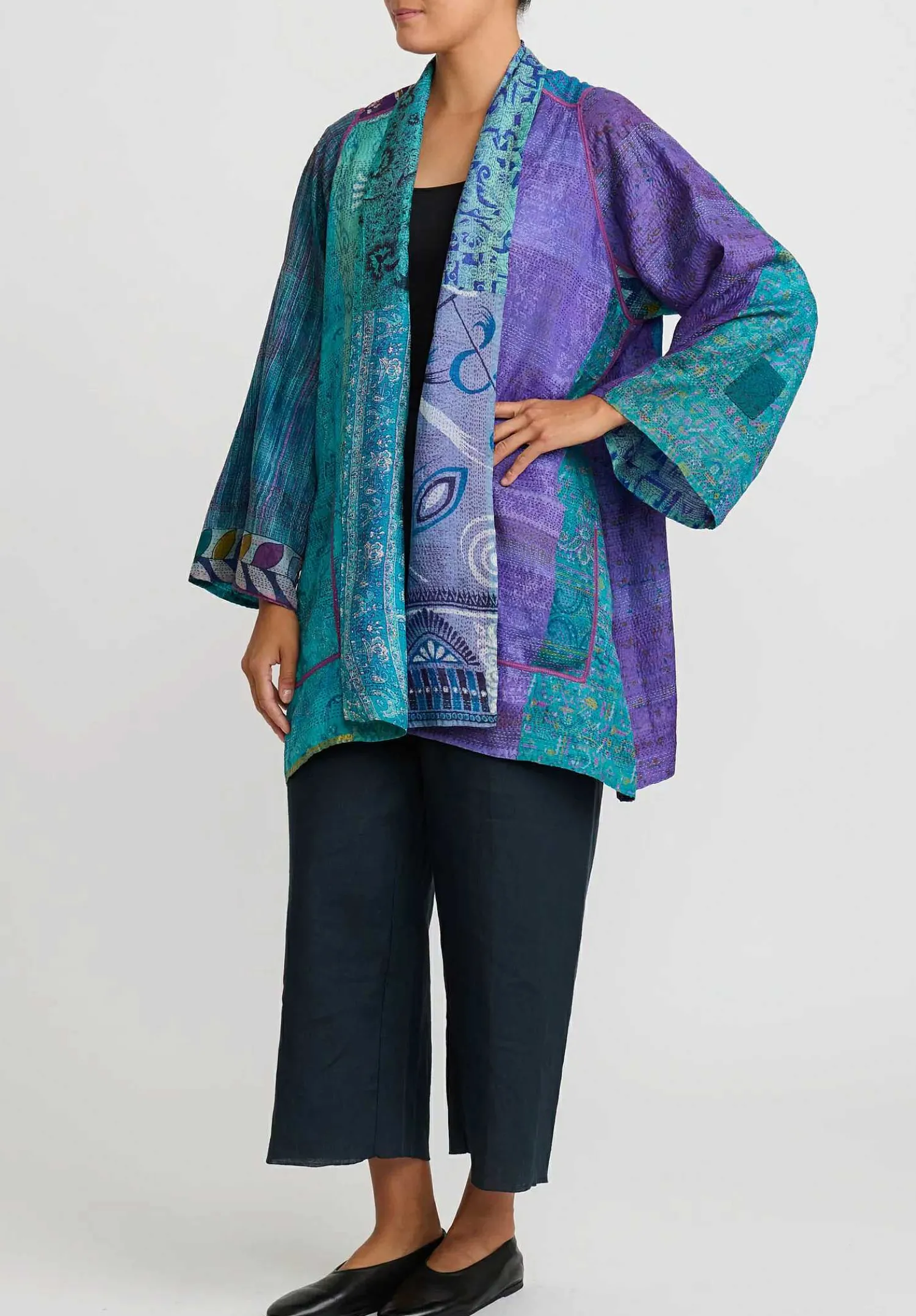 Mieko Mintz 2-Layer Vintage Silk A-Line Jacket In Purple, Turquoise Blue & Gold