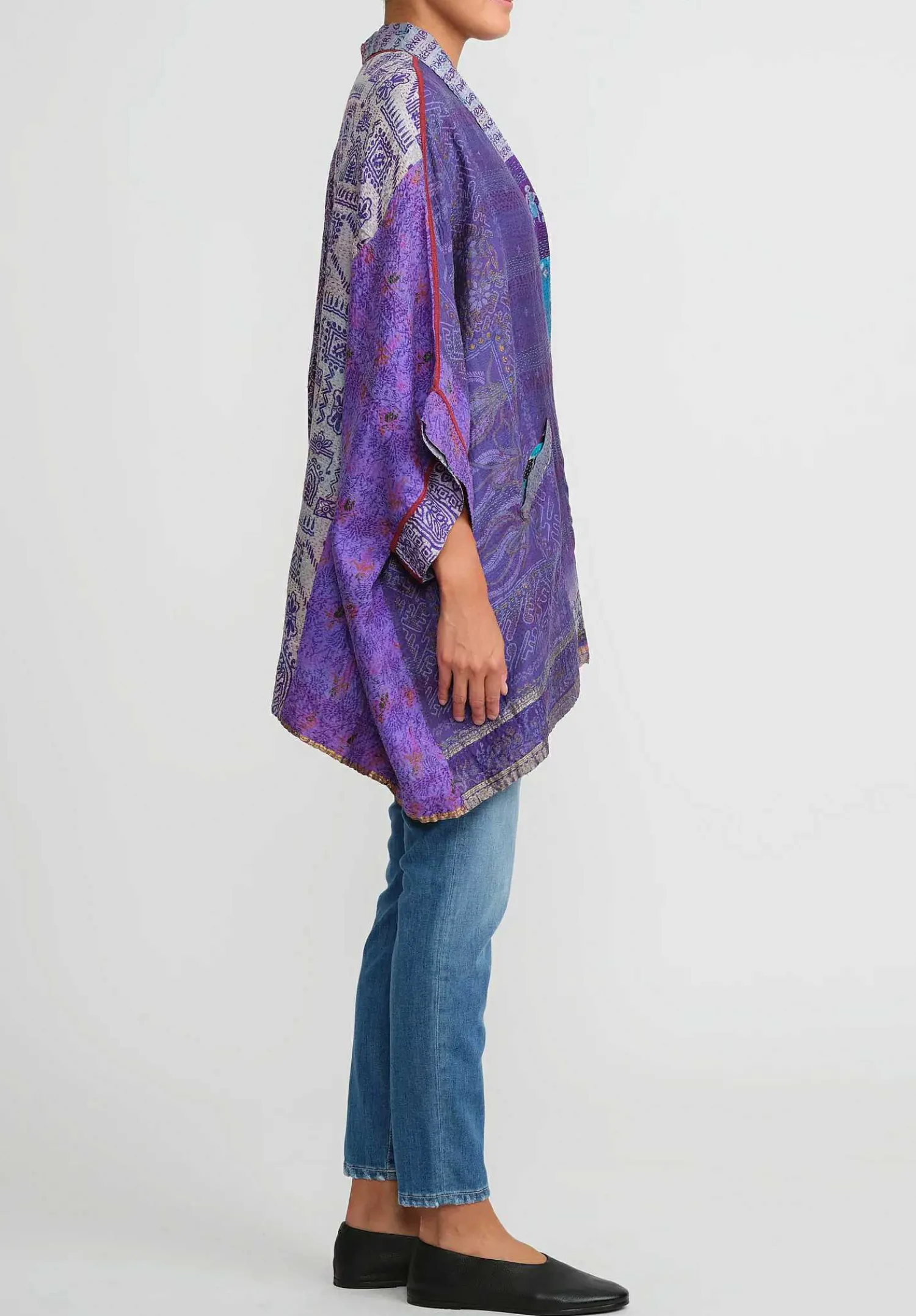 Mieko Mintz 2-Layer Vintage Silk Double Collar Poncho In Purple & Turquoise Blue
