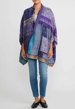 Mieko Mintz 2-Layer Vintage Silk Double Collar Poncho In Purple & Turquoise Blue