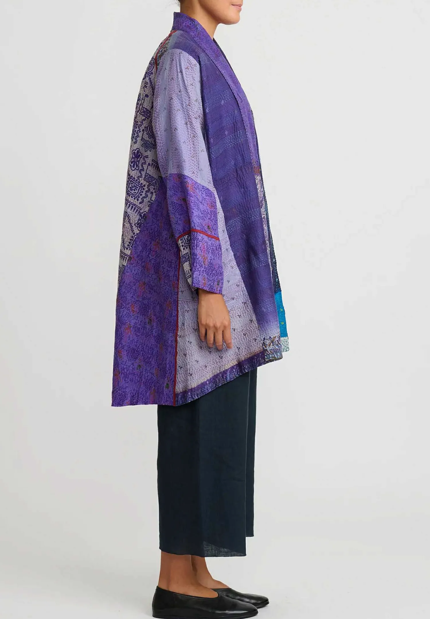 Mieko Mintz 2-Layer Vintage Silk Kantha Long Kimono Jacket In Purple & Off White