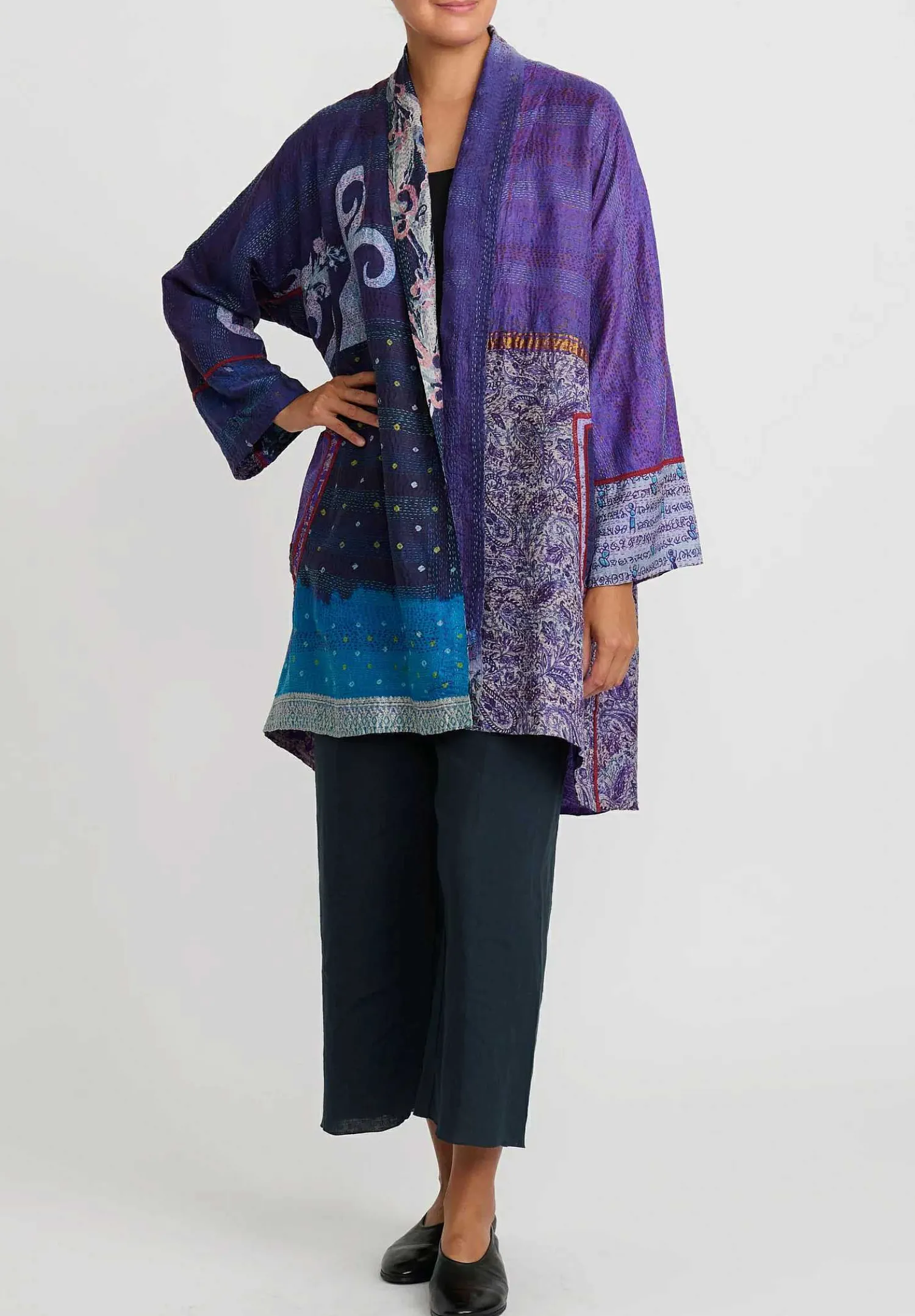 Mieko Mintz 2-Layer Vintage Silk Kantha Long Kimono Jacket In Purple & Off White