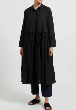 Kaval Linen Gathered Waist Dress In Black