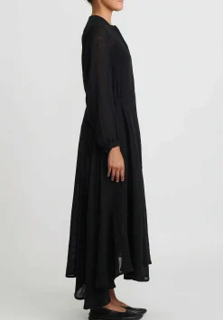Kaval Linen Gauze Long Button-Up Dress In Black