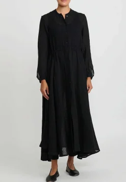 Kaval Linen Gauze Long Button-Up Dress In Black