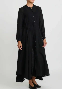 Kaval Linen Gauze Long Button-Up Dress In Black